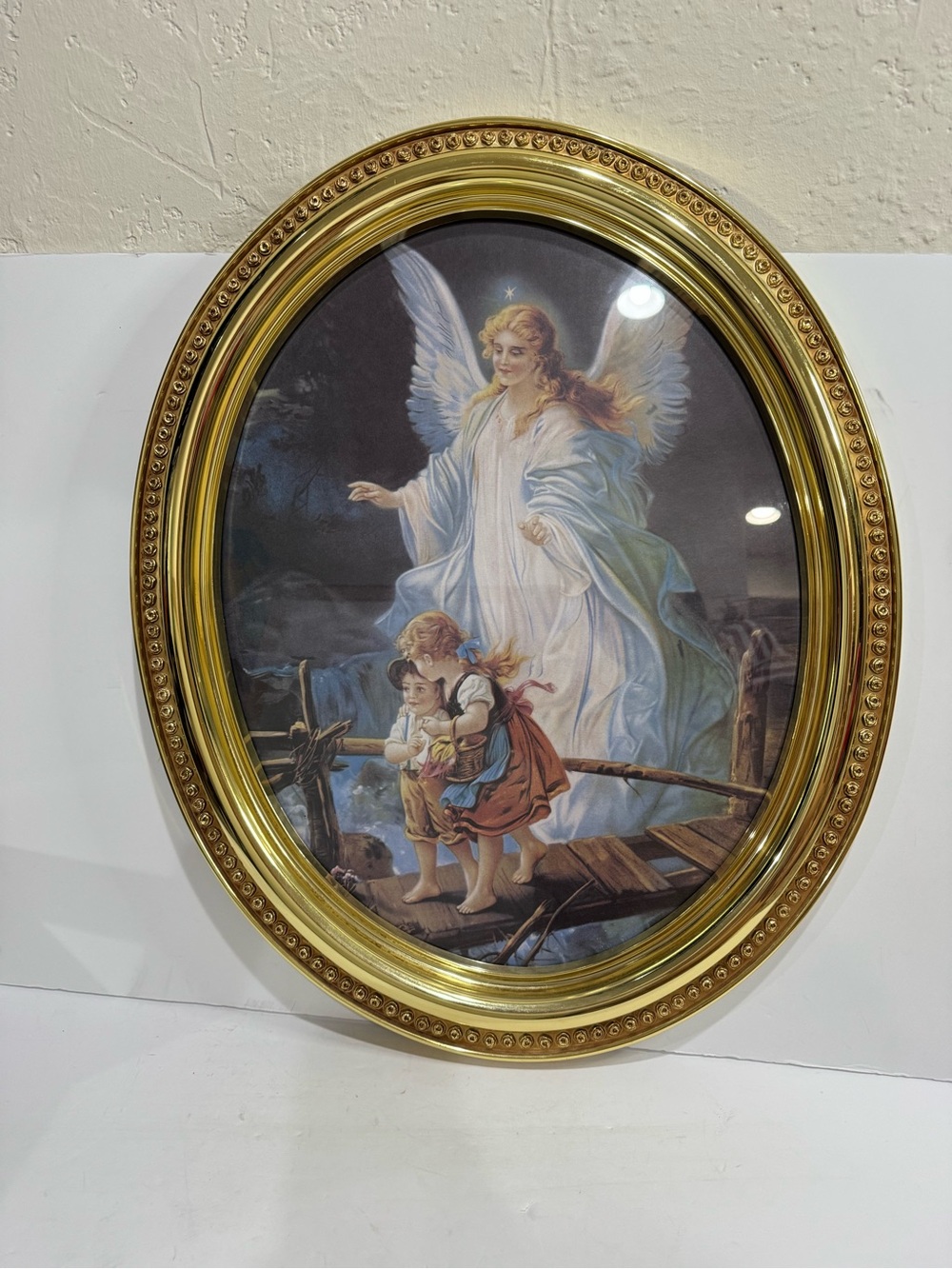 Vintage Guardian Angel Oval Gold Framed Wall Art
